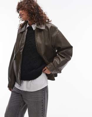 faux leather oversized bomber jacket in khaki-Green