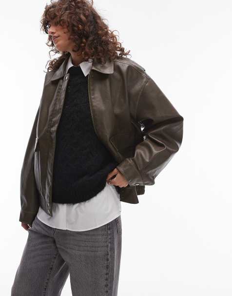 Topshop faux leather oversized bomber jacket in khaki - view 1