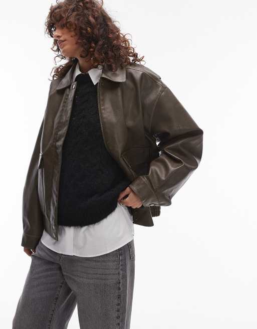 Topshop faux leather oversized bomber jacket in khaki