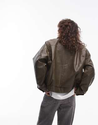 Topshop faux leather oversized bomber jacket in khaki