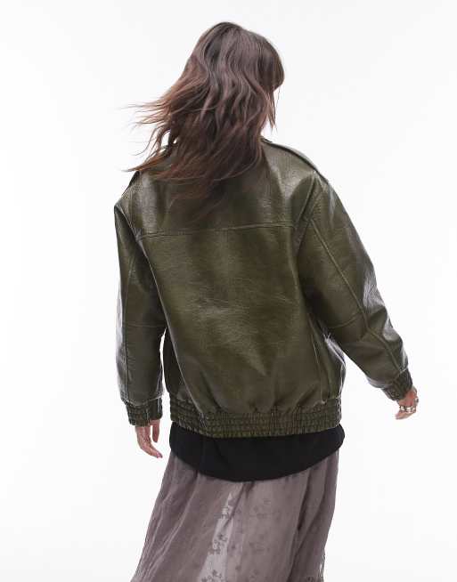Topshop faux leather oversized bomber jacket in khaki , 4 of 4