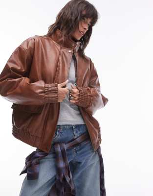 faux leather oversized bomber jacket in tan-Brown