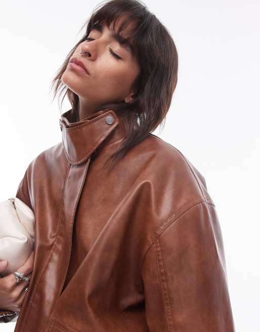 OHOTORO Leather Jacket ダークブラウン Topshop faux leather oversized bomber jacket in tan | ASOS