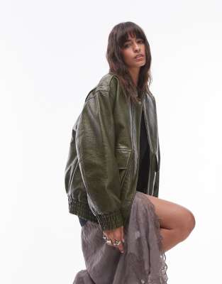 faux leather oversized bomber jacket khaki-Green