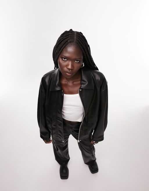 faux leather oversized clean bomber jacket in black ASOS