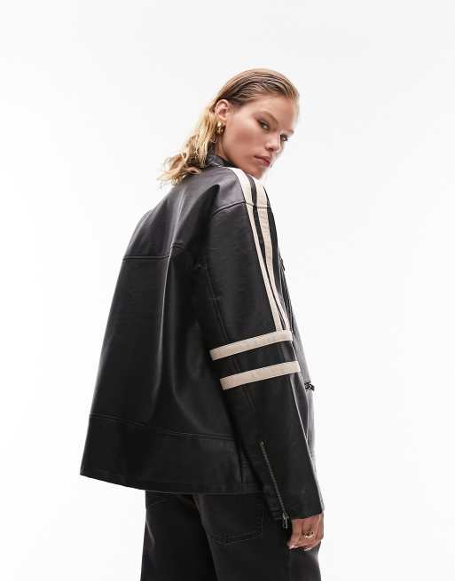 Topshop faux leather varsity contrast sleeve bomber jacket in black