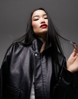 Topshop faux leather oversized pocket collar bomber jacket in black
