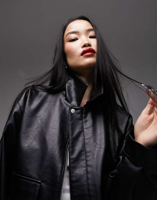 Topshop faux leather oversized pocket collar bomber jacket in black, 2 of 4
