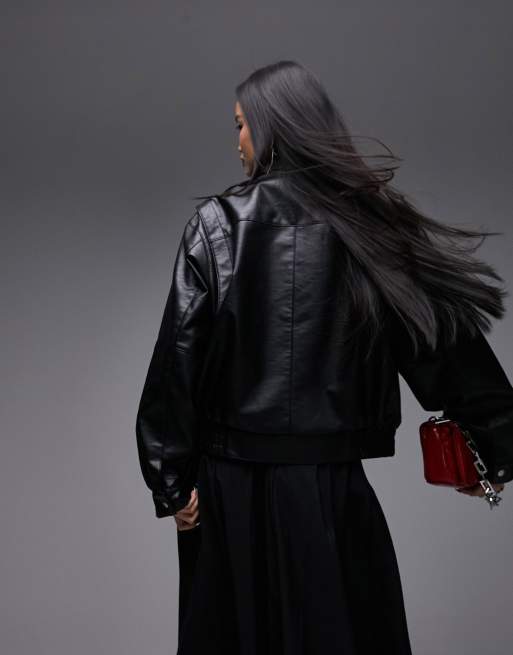 Topshop faux leather oversized pocket collar bomber jacket in black, 4 of 4