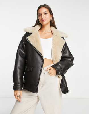 Topshop Petite Faux Leather Shearling Aviator Biker Jacket In Off