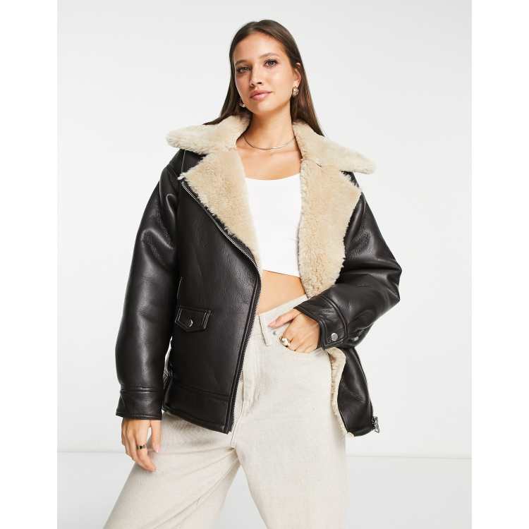 Topshop faux leather shearling cropped aviator jacket with seaming detail  in dark brown, ASOS