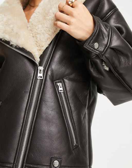Topshop faux leather oversized shearling aviator biker jacket in brown, 2 of 4
