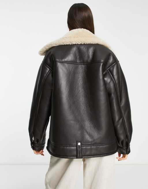 Plus Faux Leather Lined Oversized Aviator Jacket