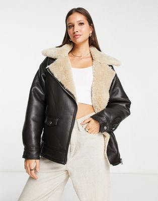Topshop faux leather oversized shearling lined biker jacket in brown | ASOS
