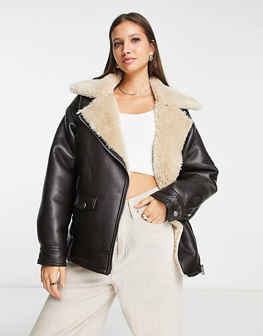 Topshop faux leather oversized shearling lined biker jacket in brown