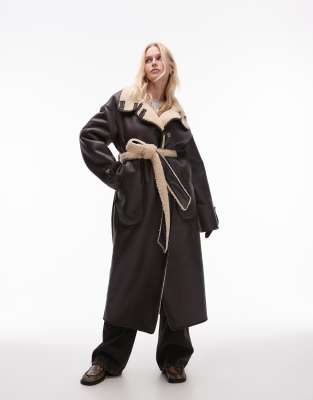 faux leather oversized shearling trench coat in dark brown