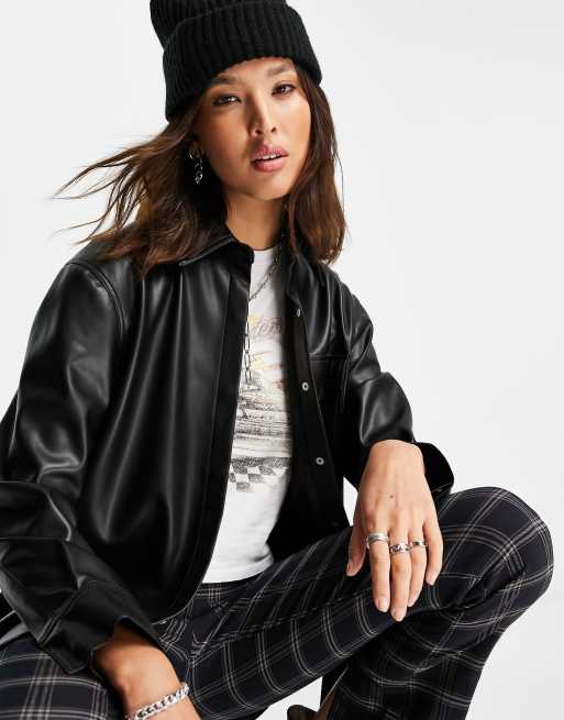 Topshop faux leather oversized shirt jacket in black | ASOS