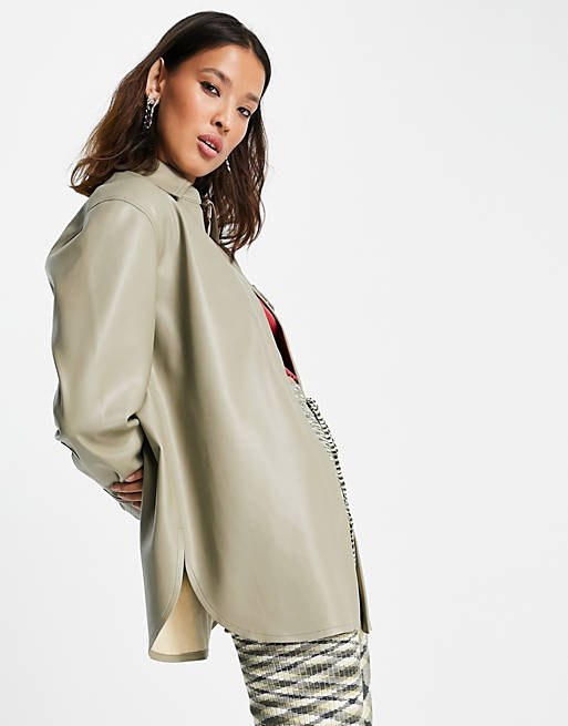 Topshop faux leather oversized shirt jacket in putty