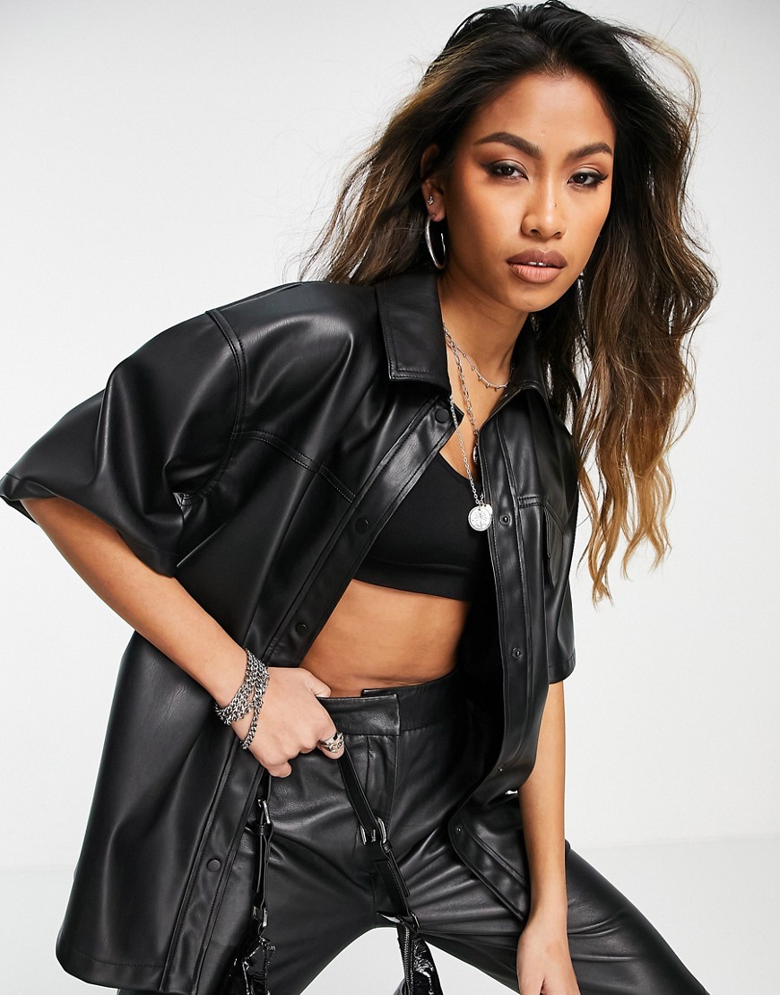 Topshop faux leather oversized short sleeve shirt in black