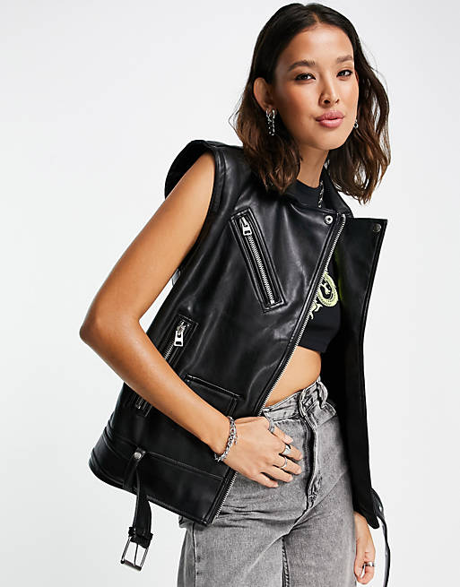 Topshop faux-leather oversized sleeveless biker jacket in black | ASOS