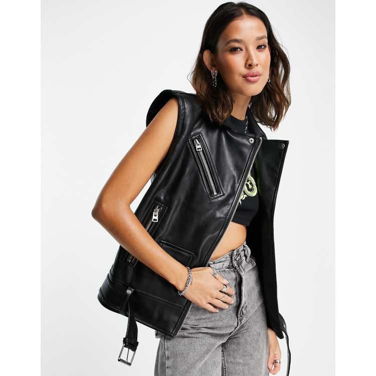 Topshop faux leather oversized sleeveless biker jacket in black