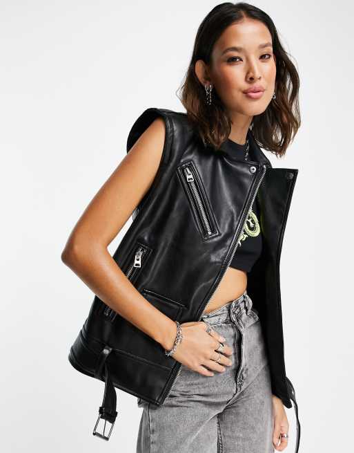 Leather biker hotsell sleeveless jacket