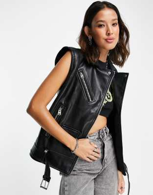 Faux Leather Oversized Sleeveless Moto Jacket In Black ModeSens