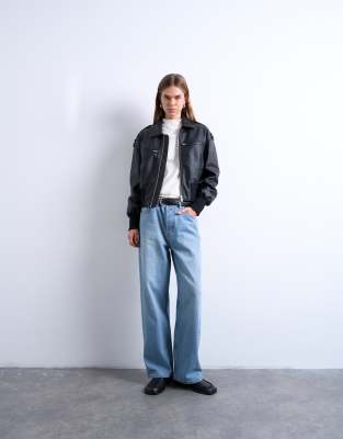 Topshop Faux Leather Ovoid Sleeve Bomber Jacket In Black