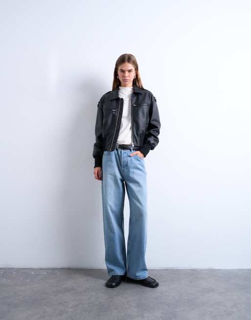 Topshop faux leather ovoid sleeve bomber jacket in washed black