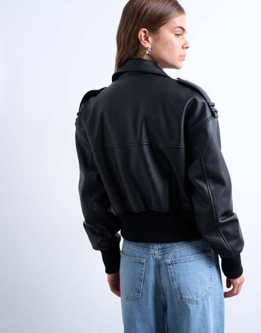 Topshop faux leather ovoid sleeve bomber jacket in washed black