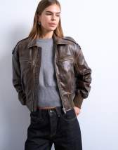 Topshop faux leather ovoid sleeve  bomber jacket in washed brown