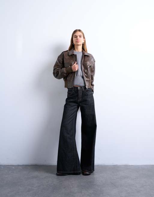 Topshop faux leather ovoid sleeve bomber jacket in washed brown