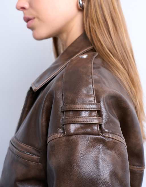 Topshop faux leather ovoid sleeve bomber jacket in washed brown