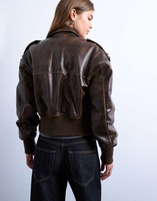 Topshop faux leather ovoid sleeve bomber jacket in washed brown