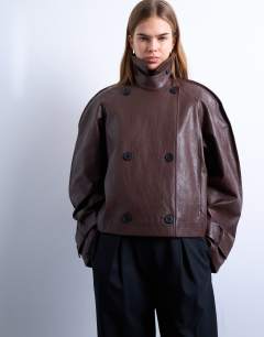Faux leather ovoid sleeve short trench in brown