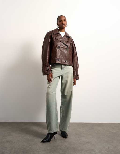 Topshop faux leather ovoid sleeve short trench in brown, 3 of 4