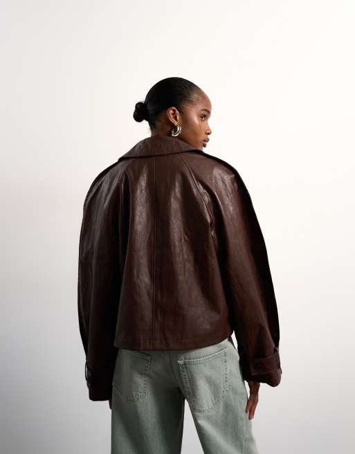 Topshop faux leather ovoid sleeve short trench in brown, 4 of 4