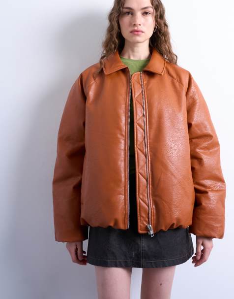 Topshop faux leather padded puffer jacket in burnt orange - view 1
