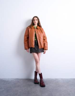 Topshop Faux Leather Padded Puffer Jacket In Orange