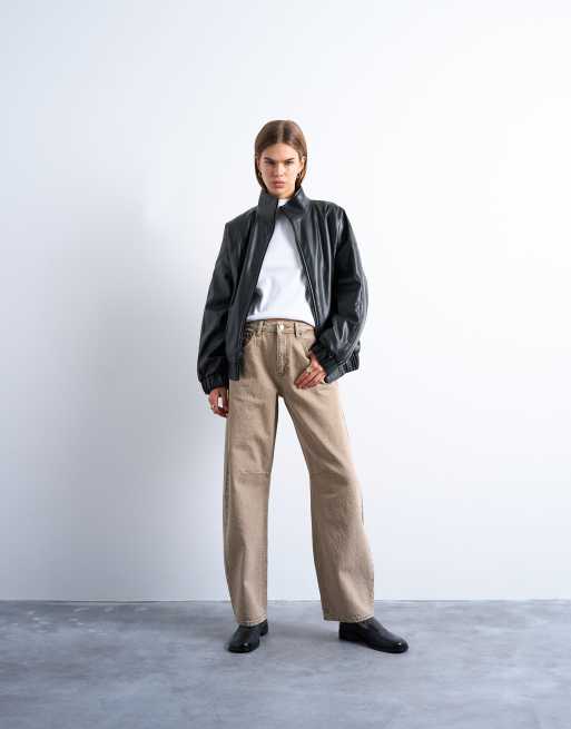 Topshop faux leather padded seam detail bomber jacket in black