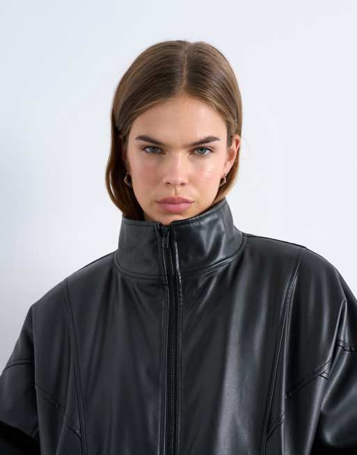Topshop faux leather padded seam detail bomber jacket in black