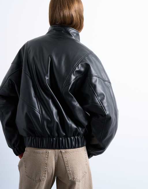 Topshop faux leather padded seam detail bomber jacket in black