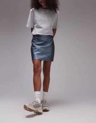 faux leather paneled seam pelmet skirt in metallic airforce blue