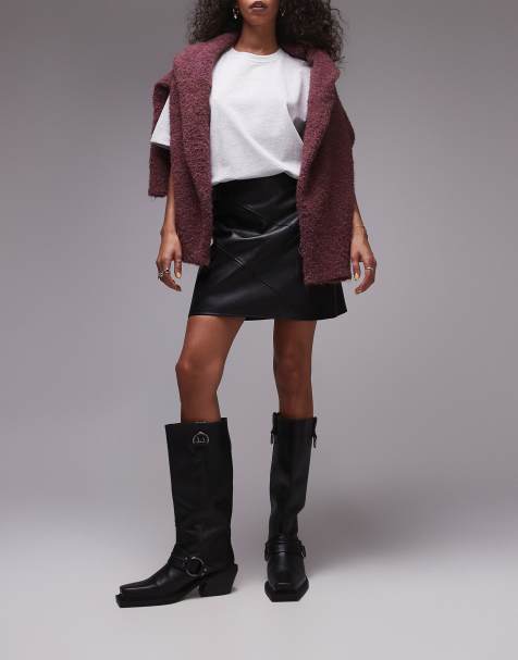 Topshop faux leather panelled seam pelmet skirt in black - view 1