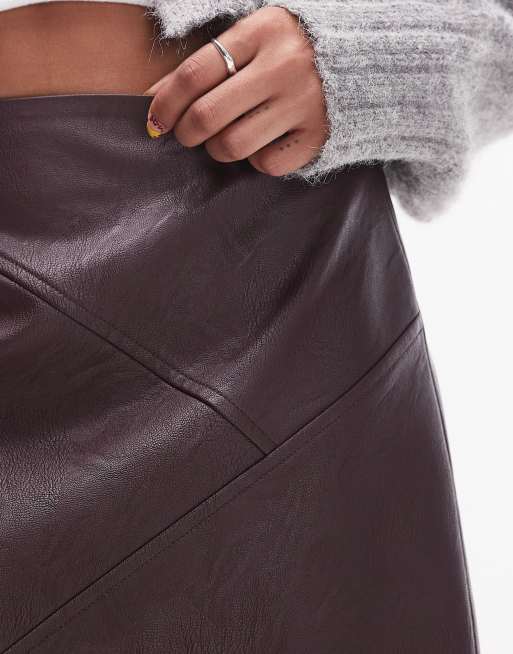 Burgundy leather skirt topshop best sale