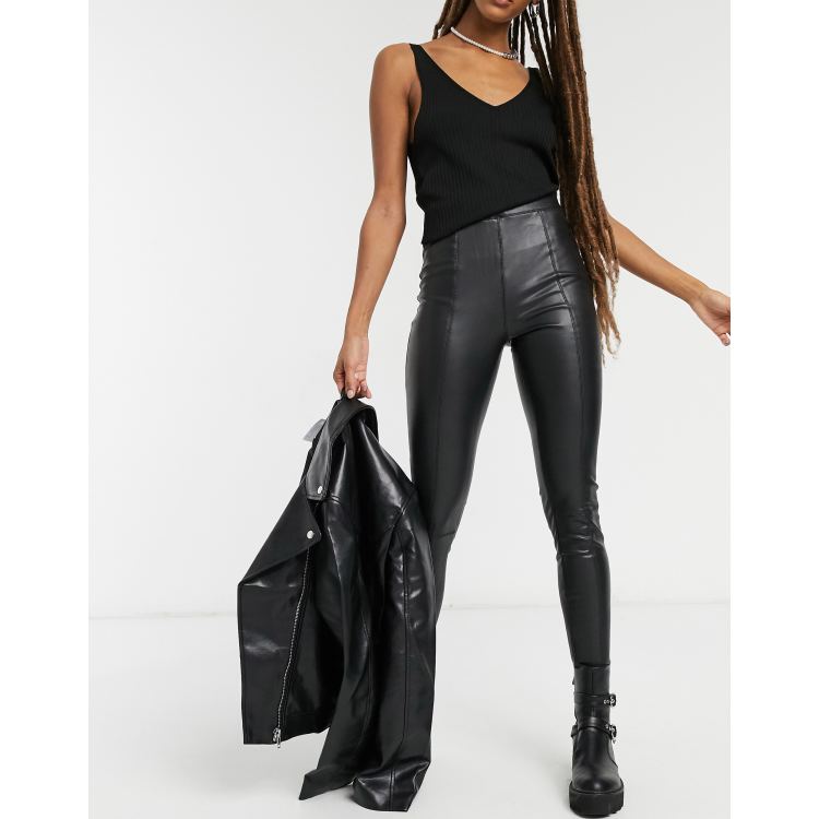 Topshop faux leather moto skinny fit pants with zip in black