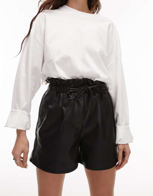 Topshop faux leather paperbag high waist short in black