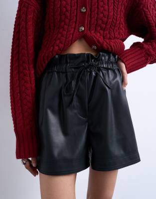 Topshop faux leather paperbag shorts in black
