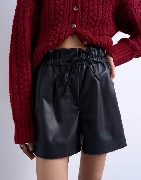 Topshop faux leather paperbag shorts in black - view 1