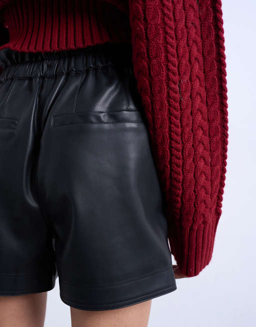 Topshop faux leather paperbag shorts in black, 4 of 5